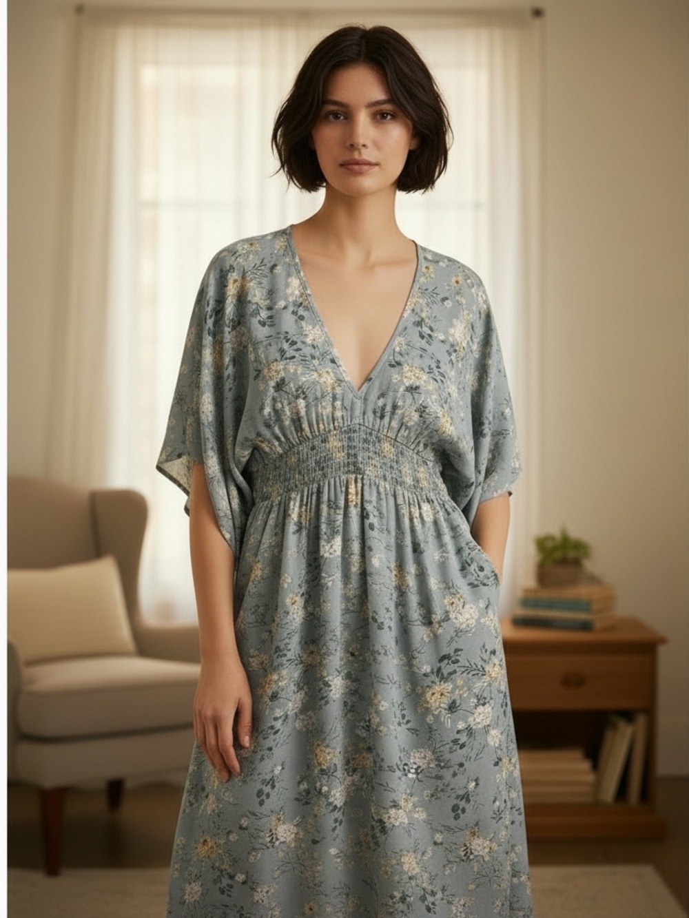NATURAL LIFE Dusty Blue Floral V-Neck Midi Dress
